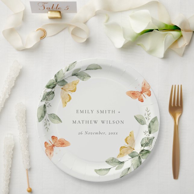 Cute Yellow Garden Foliage Butterflies Wedding Paper Plate (Wedding)