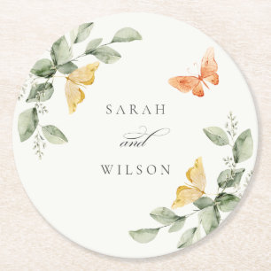 Cute Yellow Garden Foliage Butterflies Wedding Round Paper Coaster