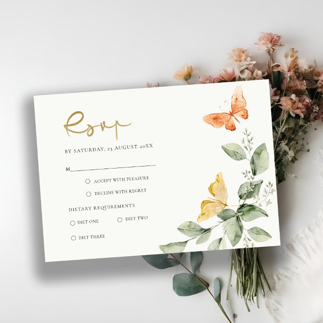 Cute Yellow Garden Foliage Butterflies Wedding RSVP Card (Creator Uploaded)