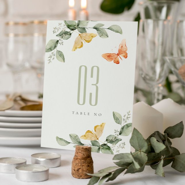 Cute Yellow Garden Foliage Butterflies Wedding Table Number (Creator Uploaded)