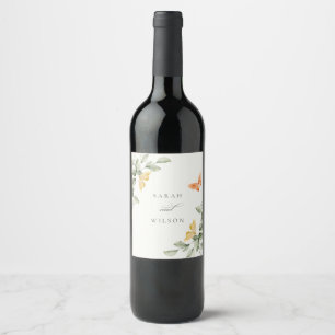 Cute Yellow Garden Foliage Butterflies Wedding Wine Label