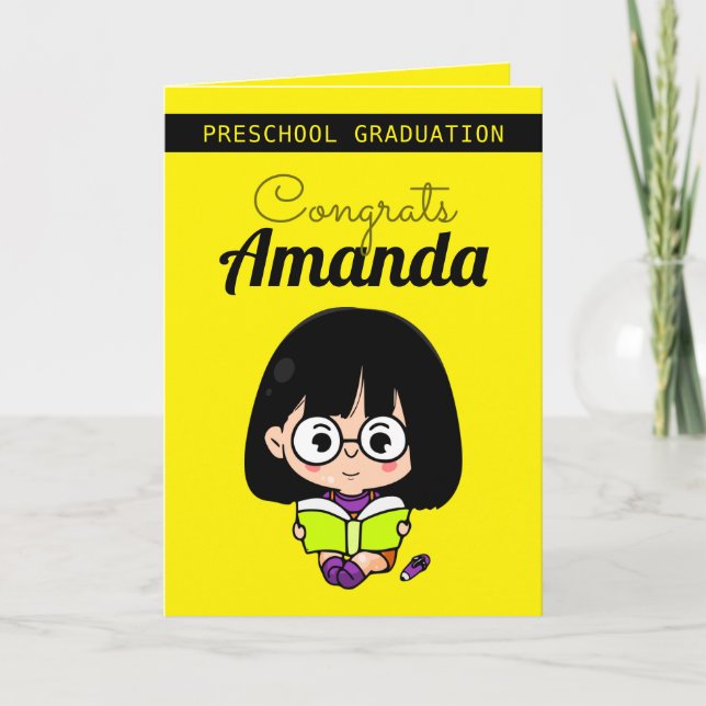 Cute Yellow Girl Preschool Graduation Card (Front)