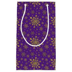 Cute Yellow Gold Christmas Snowflakes on Purple   Small Gift Bag