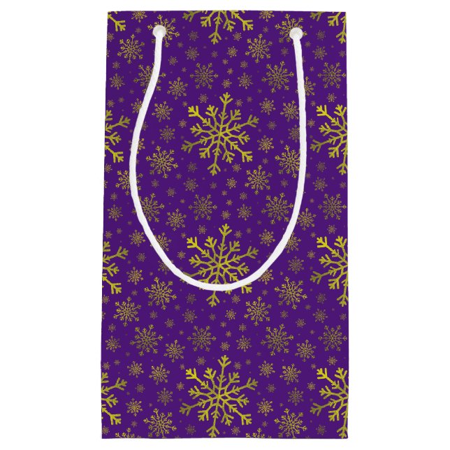 Cute Yellow Gold Christmas Snowflakes on Purple   Small Gift Bag (Front)