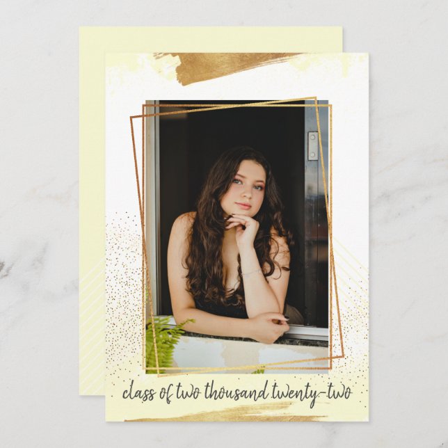 Cute Yellow & Gold Framed Graduation Invitation (Front/Back)