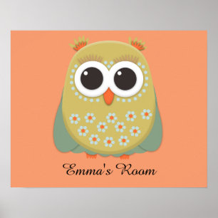 Cute Yellow Green Orange Owl Personalized Poster