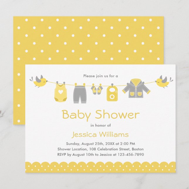 Cute Yellow Grey Clothes | Neutral Baby Shower Invitation (Front/Back)