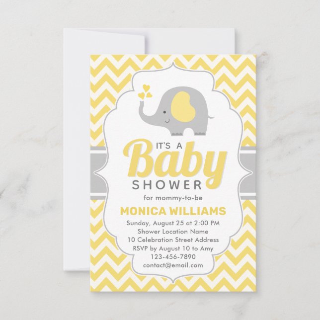 Cute Yellow Grey Elephant Neutral Baby Shower Invitation (Front)