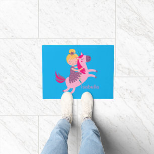 Cute Yellow Haired Girl Riding on a Unicorn Doormat