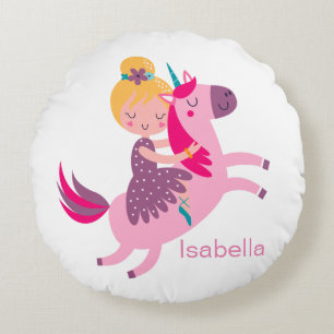Cute Yellow Haired Girl Riding on a Unicorn Round Pillow