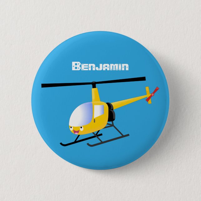Cute yellow happy cartoon helicopter 2 inch round button (Front)