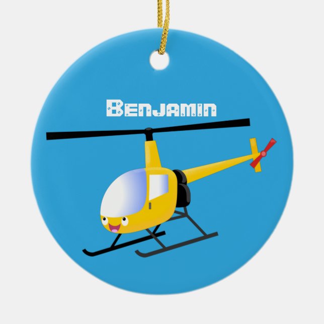 Cute yellow happy cartoon helicopter ceramic ornament (Front)