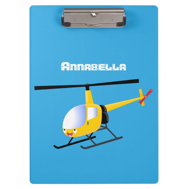 Cute yellow happy cartoon helicopter clipboard (Front)