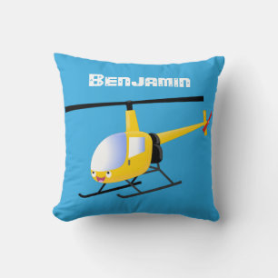 Cute yellow happy cartoon helicopter throw pillow