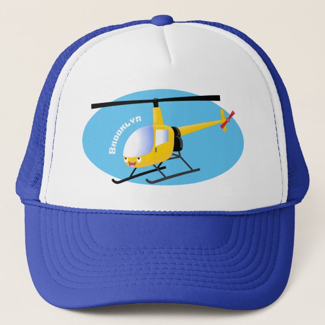 Cute yellow happy cartoon helicopter trucker hat (Front)