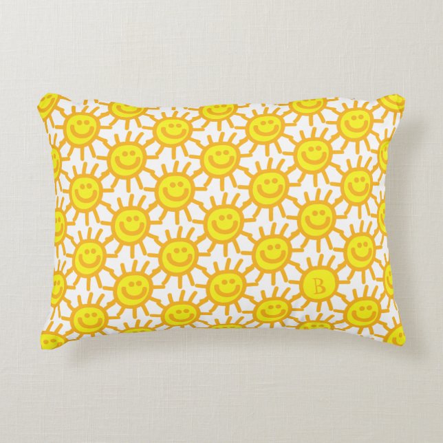 Cute Yellow Happy Face Sunshine Monogram Initial  Accent Pillow (Front)