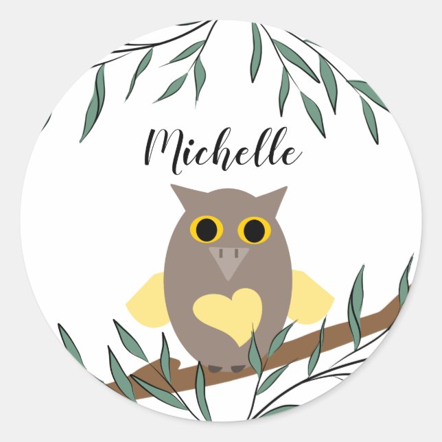 Cute Yellow Heart Owl On Branch Personalized Classic Round Sticker (Front)