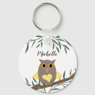 Cute Yellow Heart Owl On Branch Personalized Keychain