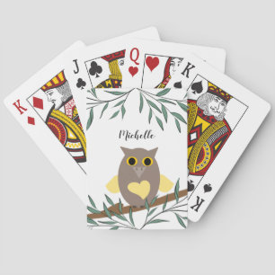 Cute Yellow Heart Owl On Branch Personalized Name  Playing Cards