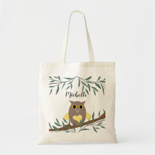 Cute Yellow Heart Owl On Branch Personalized Name  Tote Bag