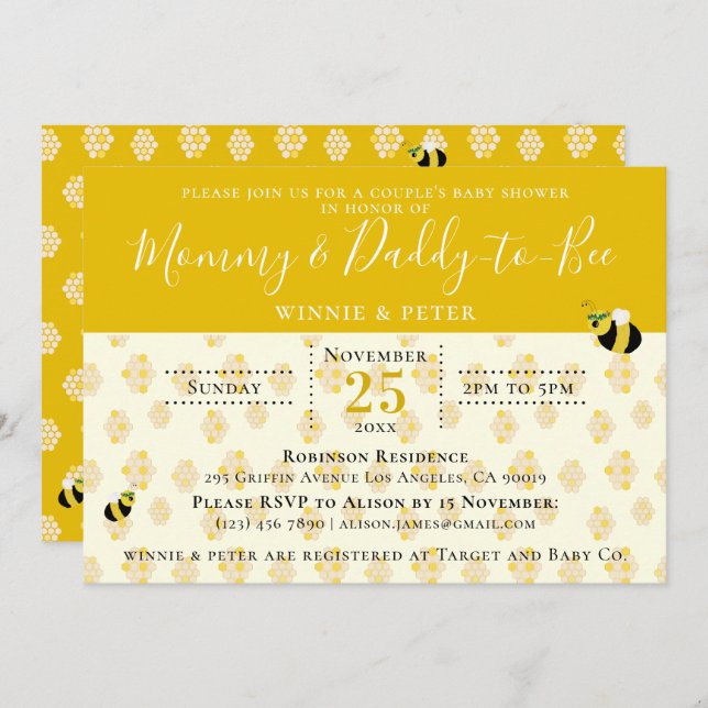 Cute Yellow Honeycomb Bee Couple's Baby Shower  Invitation (Front/Back)