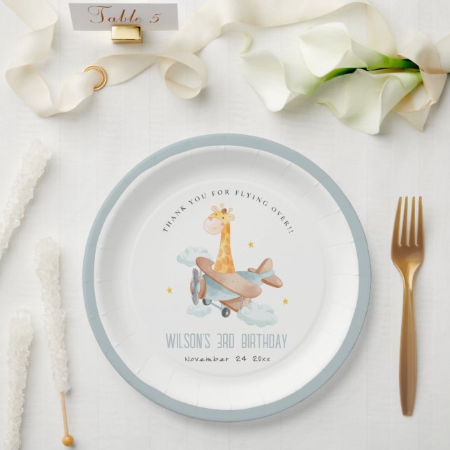 Cute Yellow Kids Plane Stars Sky Giraffe Birthday Paper Plate (Wedding)