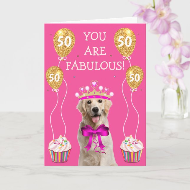 Cute Yellow Lab 50th Birthday Card (Orchid)