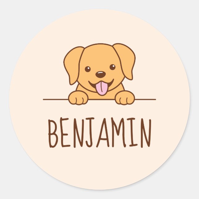 Cute Yellow Lab Dog Peeking Custom Name Classic Round Sticker (Front)