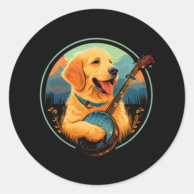 Cute Yellow Lab Puppy Dog Playing Banjo Bluegrass Classic Round Sticker (Front)