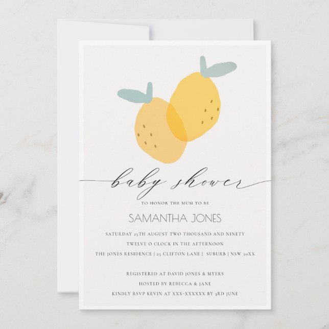 Cute Yellow Lemon Fruity Citrus Baby Shower Invitation (Front)