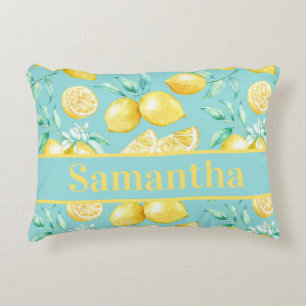 Cute Yellow Lemon Pattern on Light Blue Custom Accent Pillow