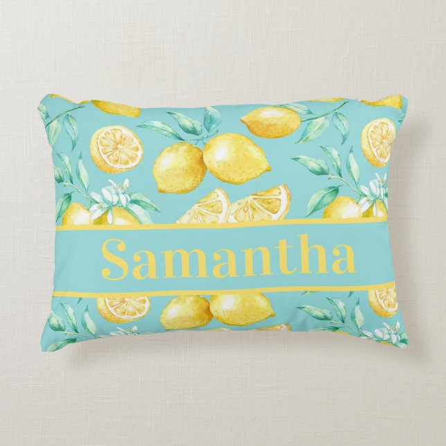 Cute Yellow Lemon Pattern on Light Blue Custom Accent Pillow (Front)