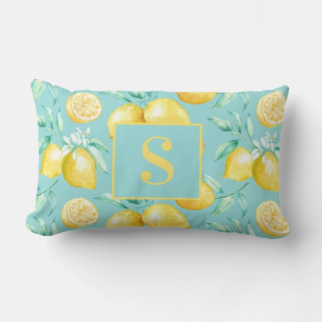 Cute Yellow Lemon Pattern on Light Blue Monogram Lumbar Pillow (Front)