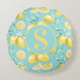 Cute Yellow Lemon Pattern on Light Blue Monogram Round Pillow