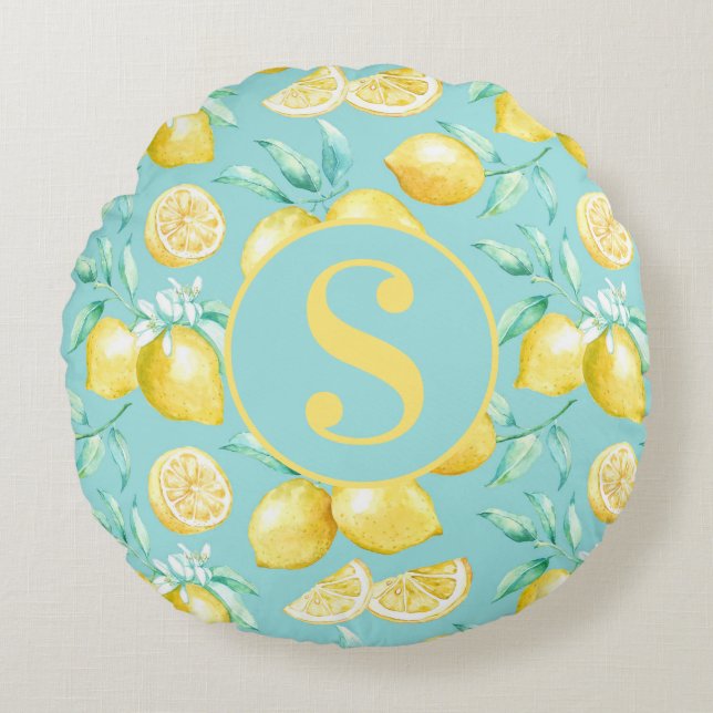 Cute Yellow Lemon Pattern on Light Blue Monogram Round Pillow (Front)