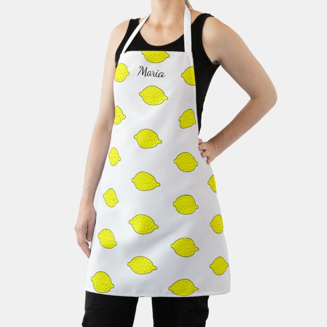 Cute yellow lemon print kitchen apron for women (Insitu)