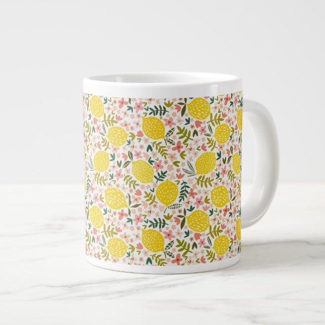 Cute Yellow Lemons Modern Pink Floral Large Coffee Mug (Front Right)