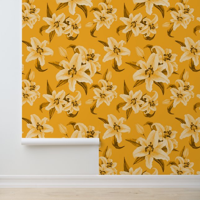 Cute Yellow Lily Flower Pattern Wallpaper (Application)