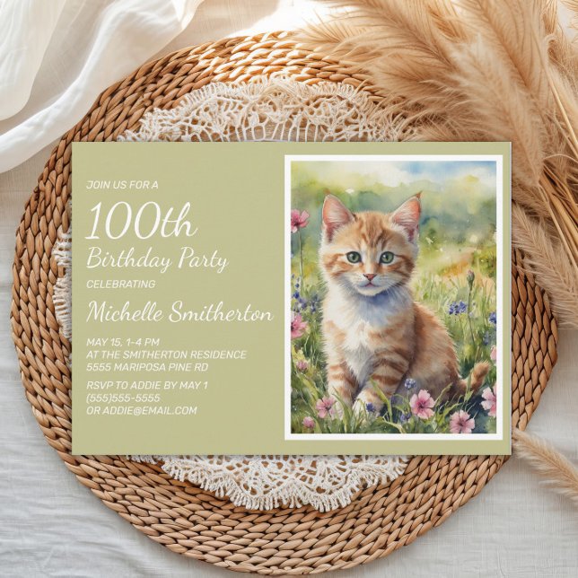 Cute Yellow Orange Cat Watercolor 100th Birthday Invitation (Cat 100th birthday party invitation)