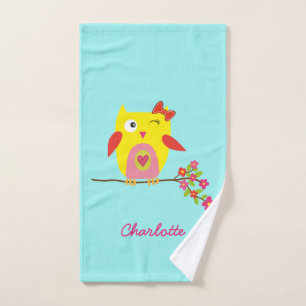 Cute Yellow Owl, Pink Flowers Illustration Bath Towel Set