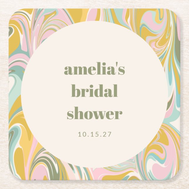 Cute Yellow Pastel Abstract Custom Bridal Shower Square Paper Coaster (Front)