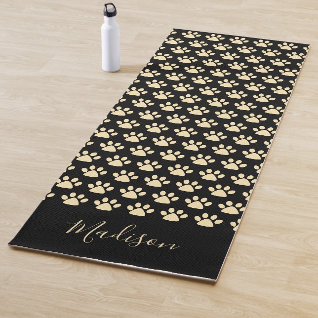Cute Yellow Pawprint Personalized Black   Yoga Mat (In Situ)