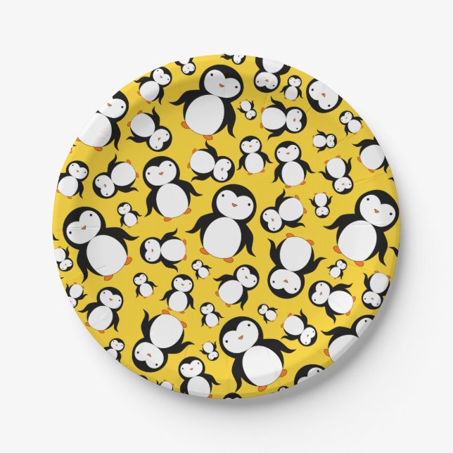 Cute yellow penguin pattern paper plate (Front)