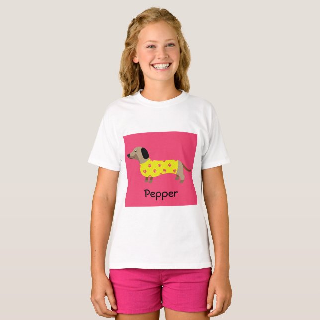 Cute Yellow & Pink Dachshund Dog Funny   T-Shirt (Front Full)
