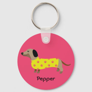 Cute Yellow & Pink Dachshund Dog Name Funny Keychain