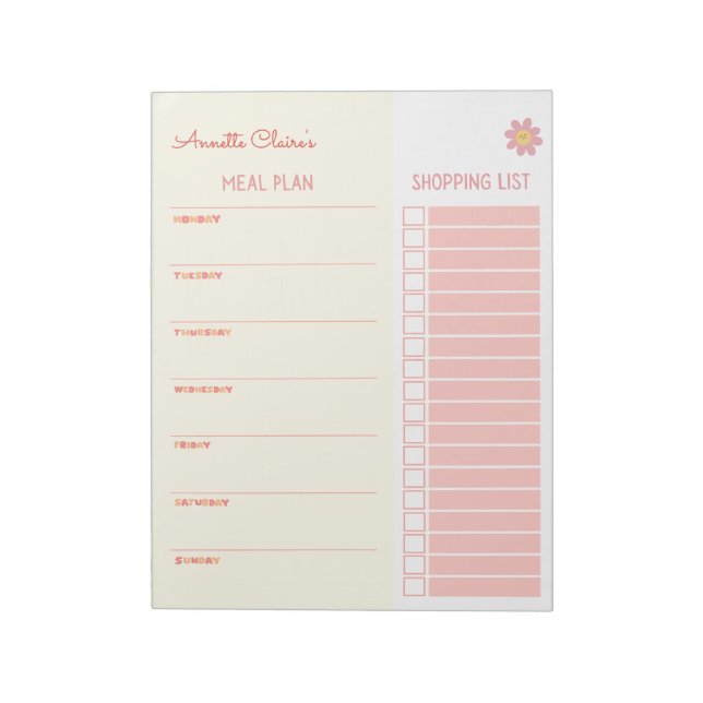 Cute Yellow & Pink Meal Planner and Shopping List  Notepad (Rotated)