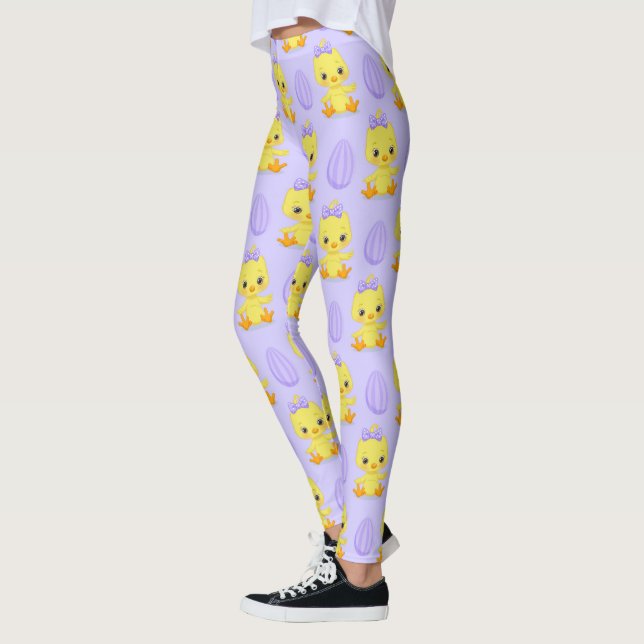 Cute Yellow Purple Chicken Easter Pattern Leggings (Left)