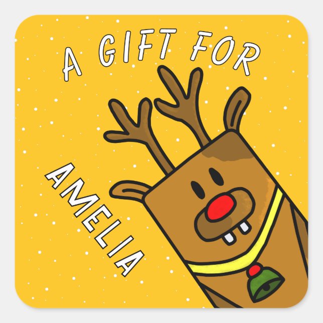Cute Yellow Reindeer Kid`s Name Christmas Gift Square Sticker (Front)