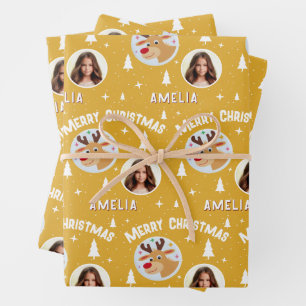 Cute Yellow Reindeer Kid`s Name Photo Christmas Wrapping Paper Sheet