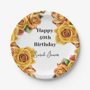 Cute Yellow Roses 40th Birthday Paper Plate